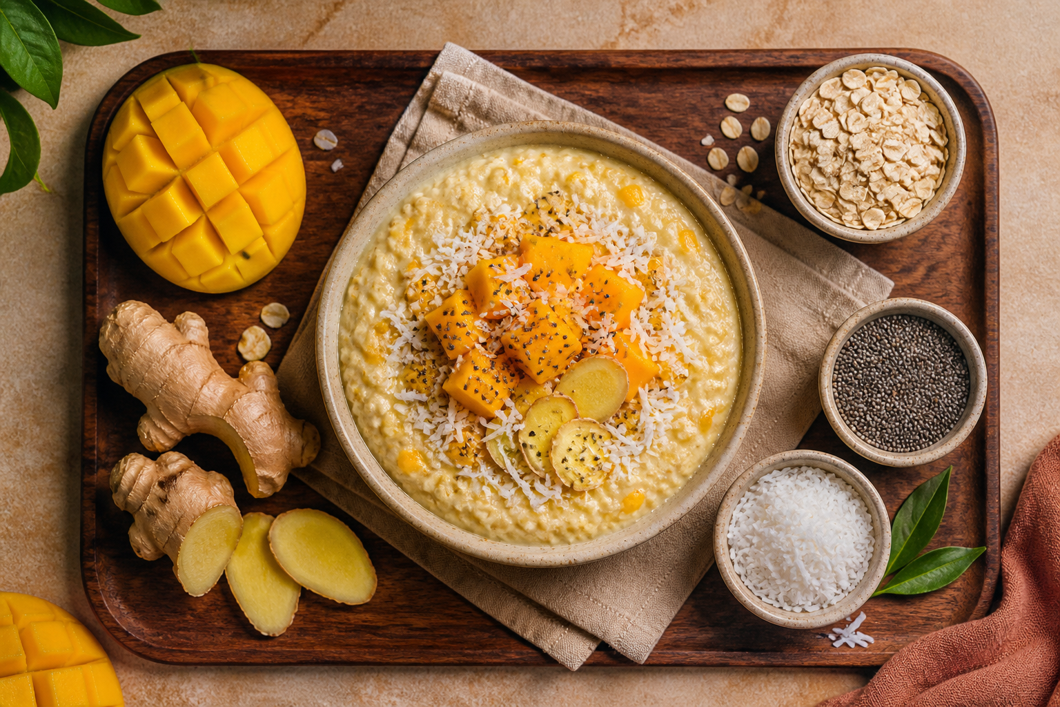 Overhead shot of Mango Ginger Overnight Oats plated appetizingly in a wooden board
