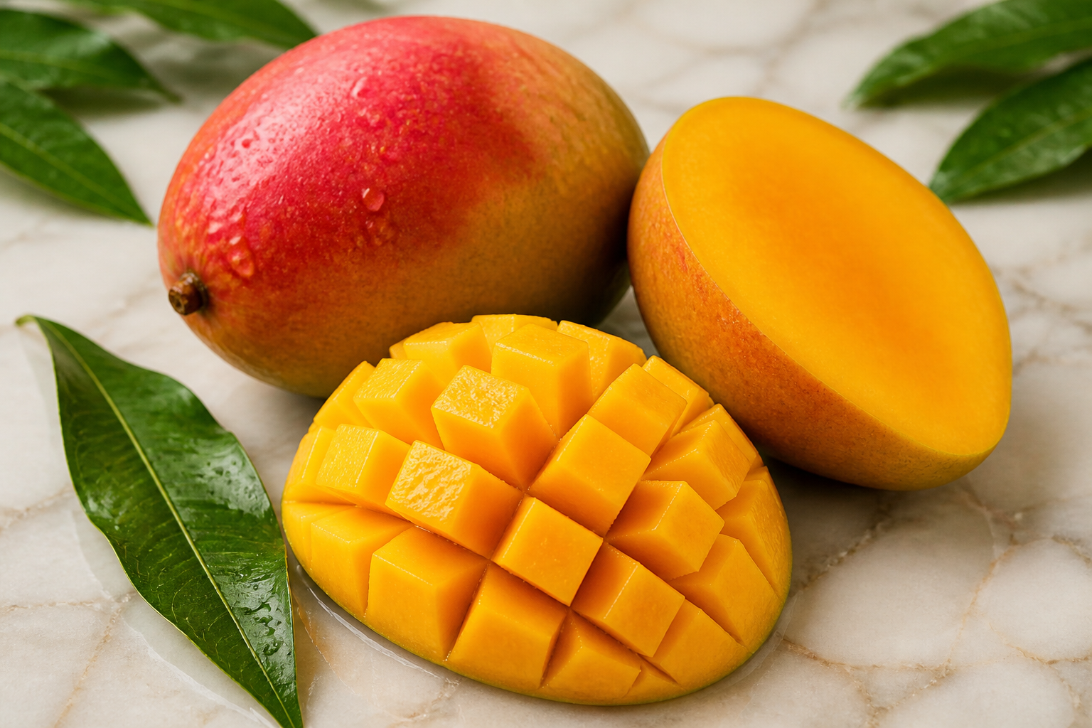 Close-up of Mango as fresh whole and cut fruit on a clean wooden or marble surface