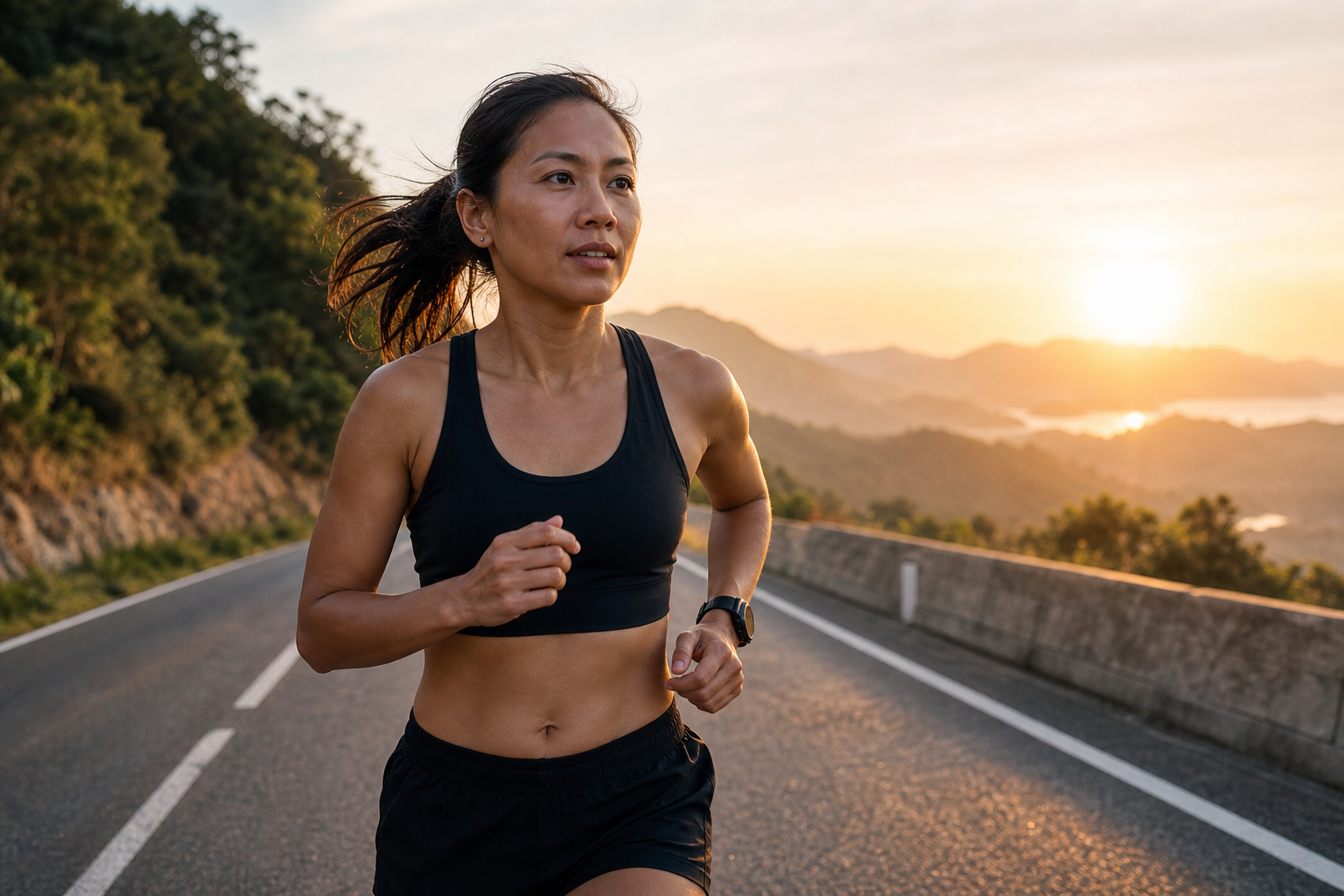 Filipino female marathon runner in her 30s during a long training run on a road