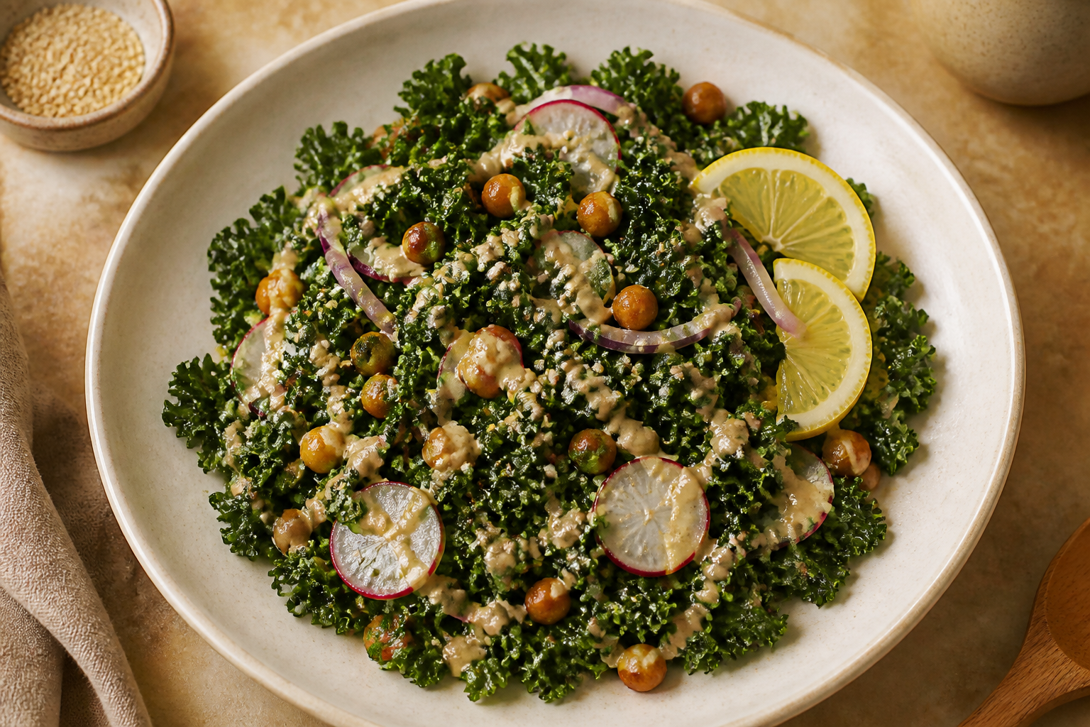 Overhead shot of Massaged Kale Salad with Lemon and Tahini plated appetizingly in a wide clean plate