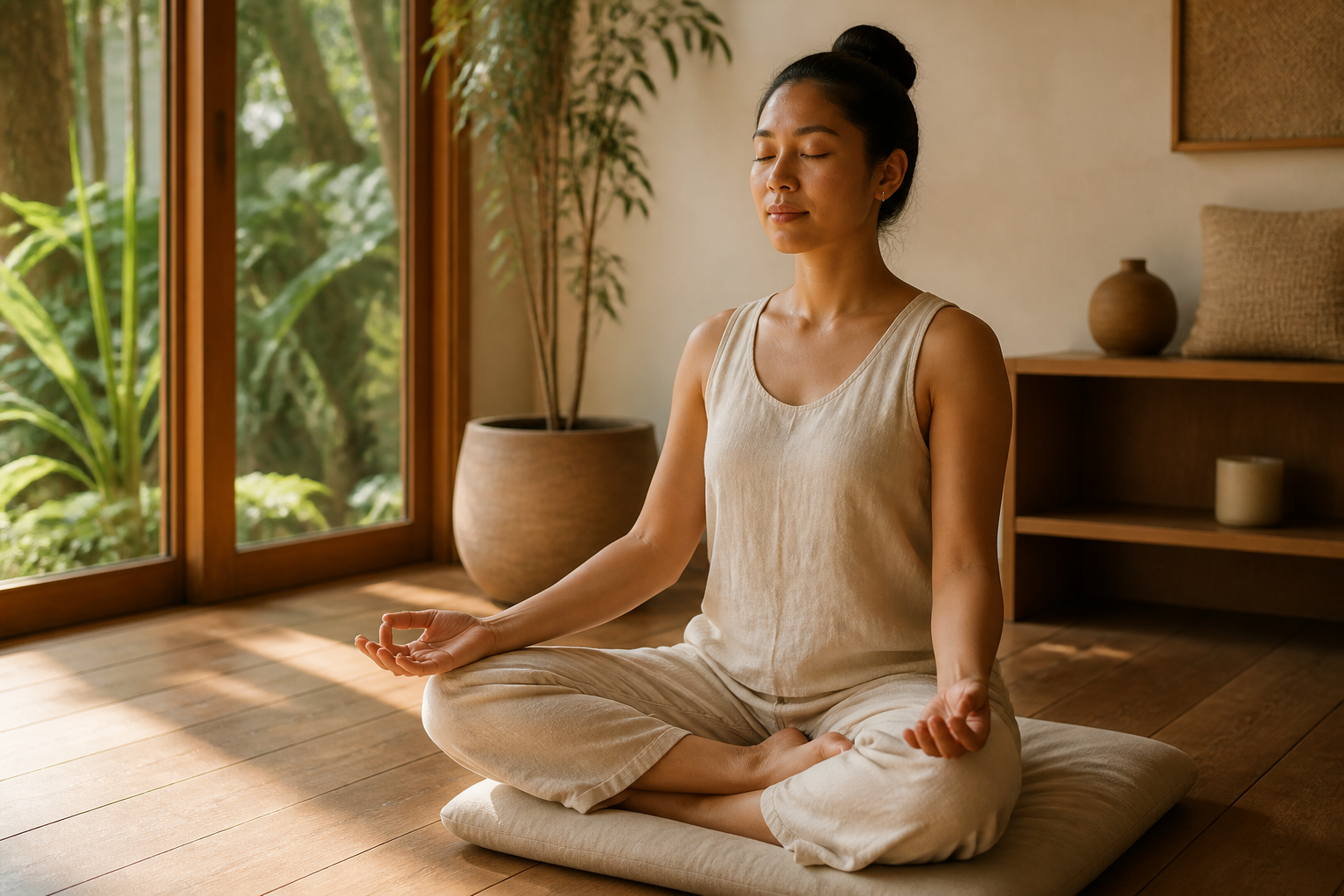 Filipino woman seated in a meditation posture on a simple cushion