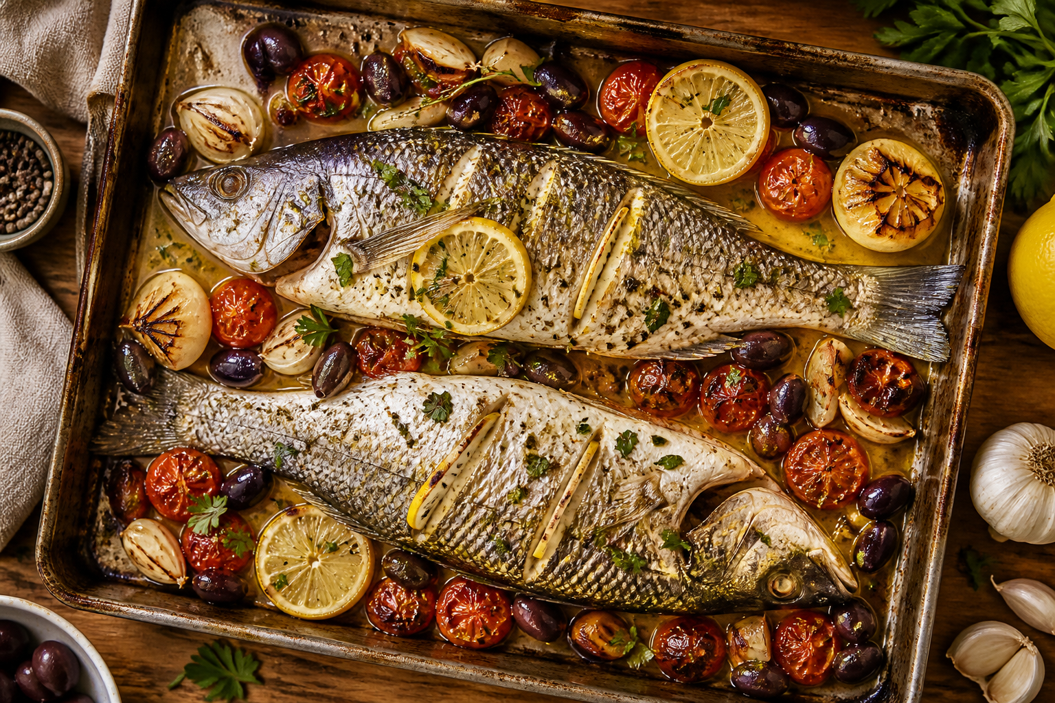 Overhead shot of Mediterranean Baked Branzino with Olives and Lemon plated appetizingly in a baking tray