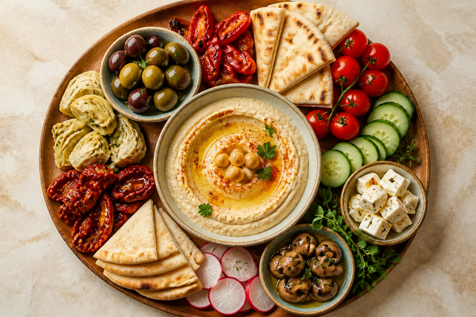 Overhead shot of Mediterranean Brunch Board with Hummus and Olives plated appetizingly in a small ceramic bowl