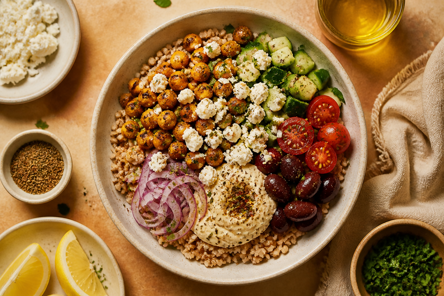 Overhead shot of Mediterranean Brunch Grain Bowl with Chickpeas and Feta plated appetizingly in a ceramic bowl with toppings visible