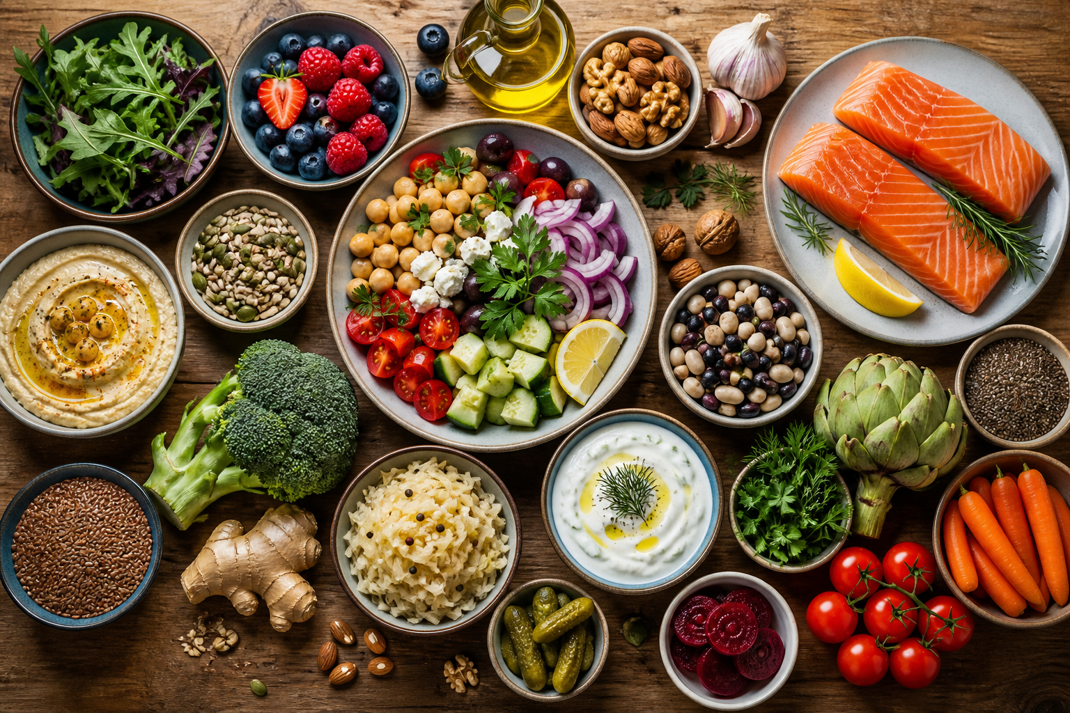 Overhead flat lay of foods representing Mediterranean Diet and Gut Health arranged beautifully on a wooden surface