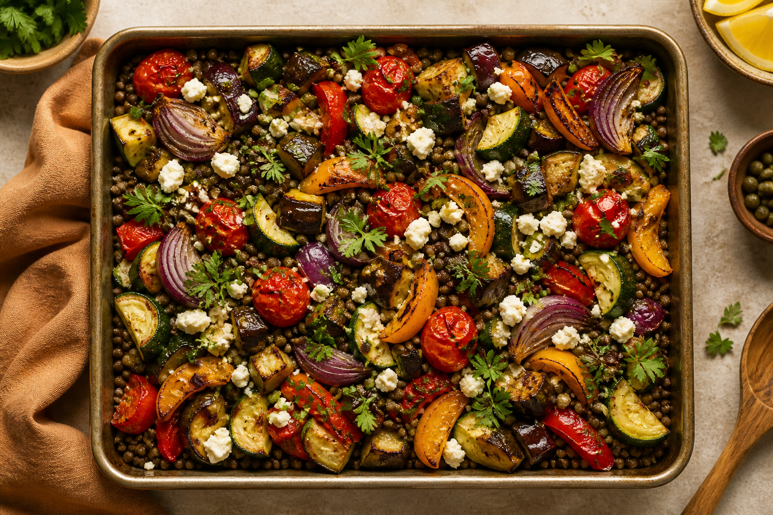 Overhead shot of Mediterranean Lentil and Roasted Vegetable Bowl plated appetizingly in a baking tray