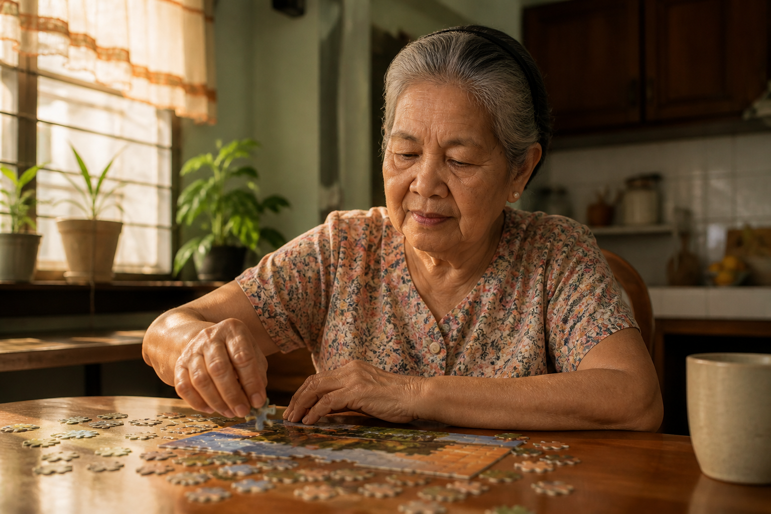 Filipino woman in her 70s doing a simple puzzle at a kitchen table
