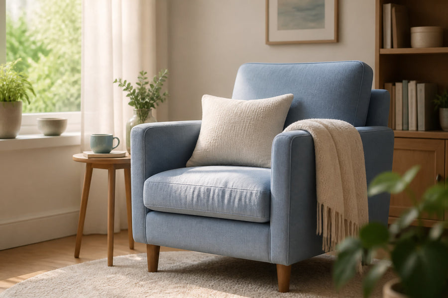 A calm empty armchair by a window in a softly lit room, conveying a quiet supportive space.