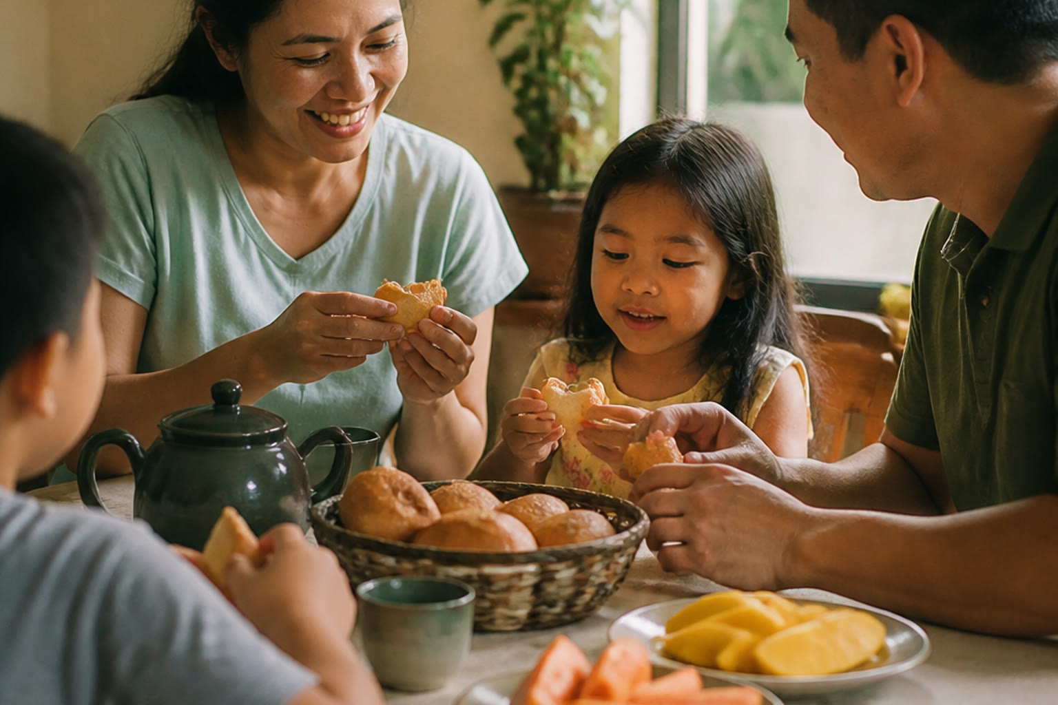 Filipino family sharing afternoon merienda at home — pandesal, tea, sliced fruit