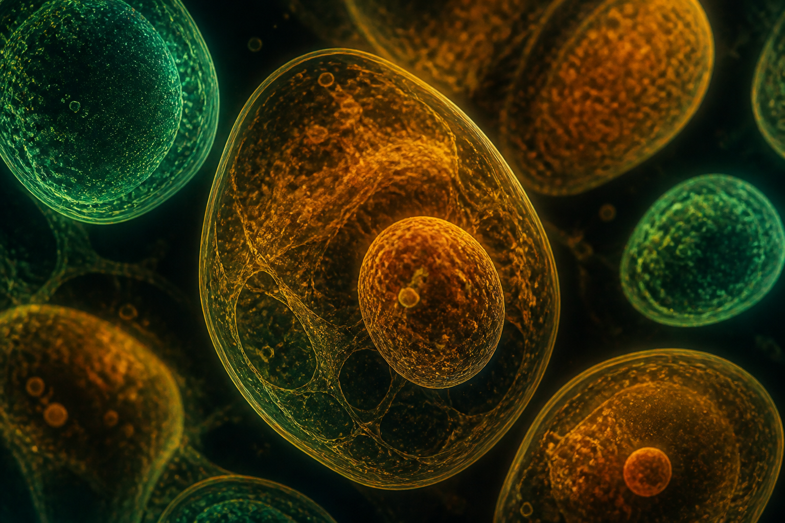 Abstract macro close-up of glowing amber and green microscopic cell shapes on a dark background