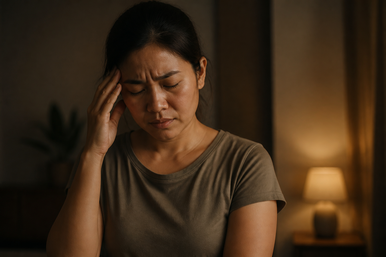 Filipino woman in her 30s with one hand pressed to her temple