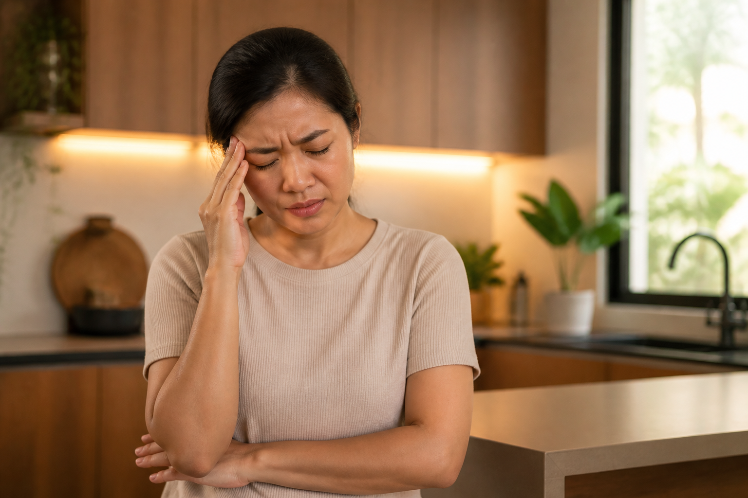 Filipino woman in her 30s pressing her fingers to her temple
