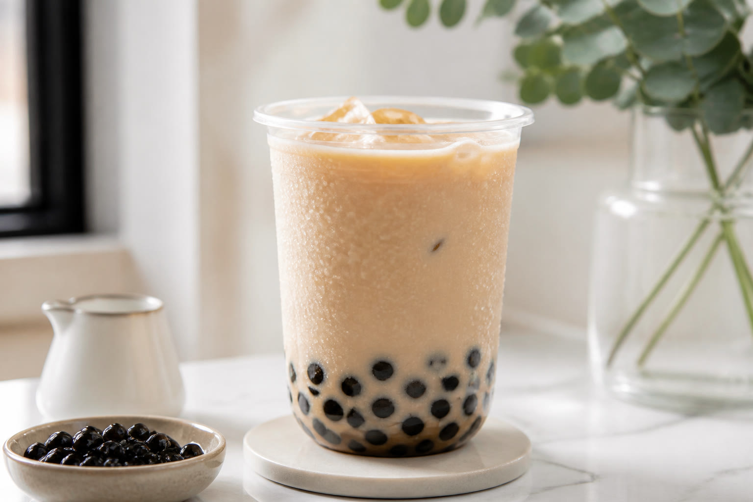 Cup of milk tea with boba pearls at the bottom on a café table