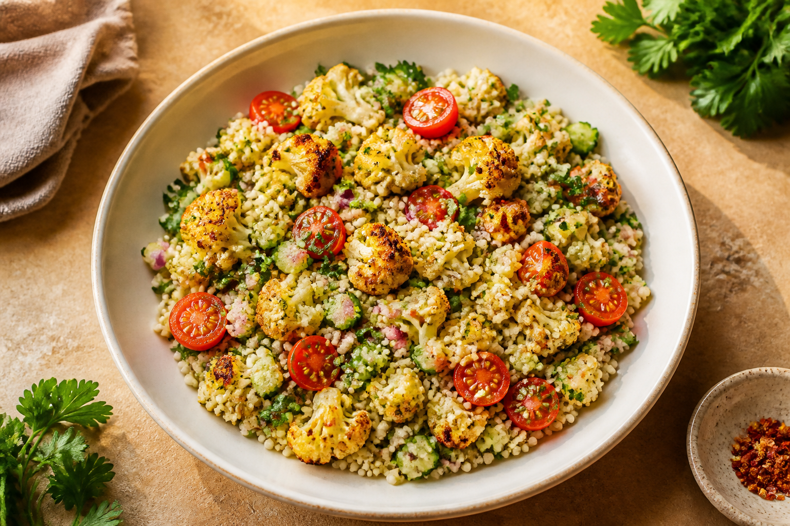 Overhead shot of Millet and Roasted Cauliflower Tabbouleh plated appetizingly in a wide clean plate