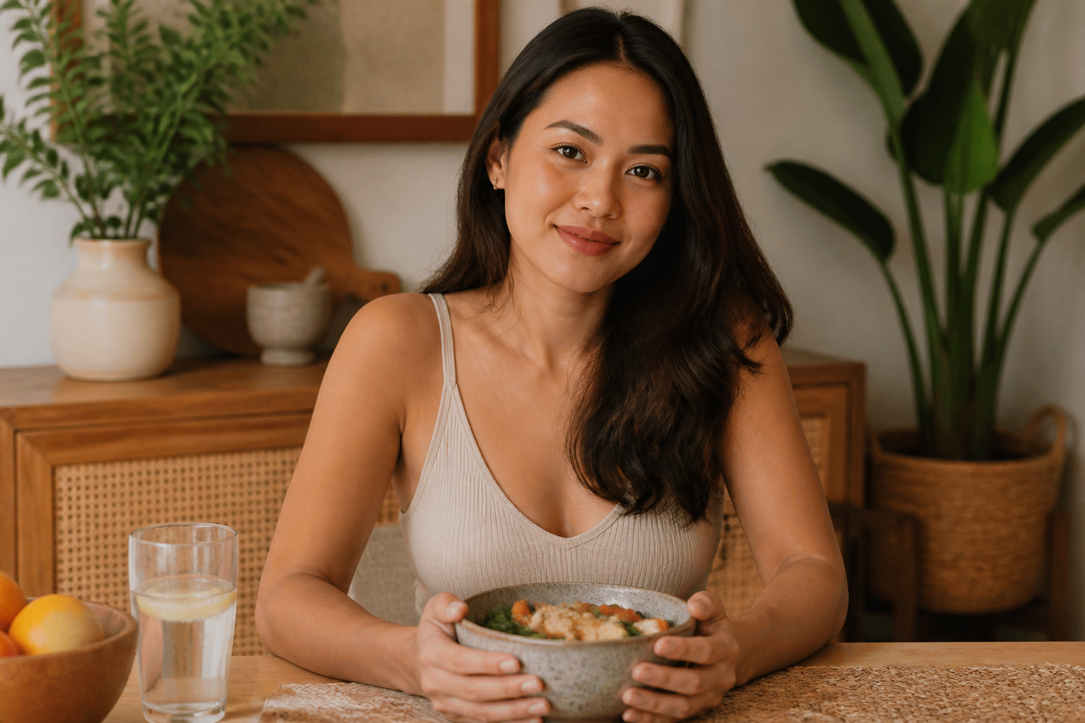 Filipino woman seated at a clean dining table
