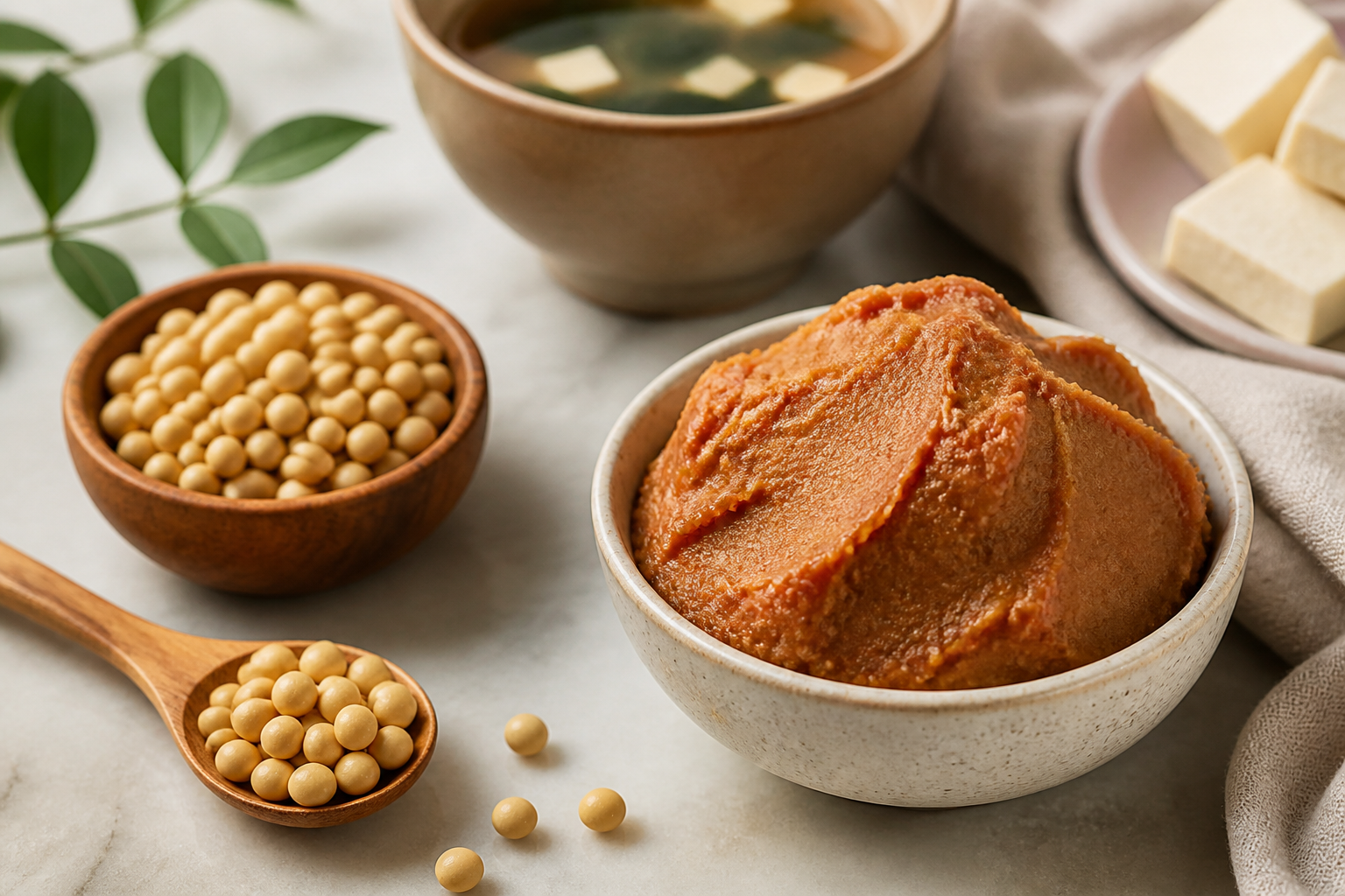 Close-up editorial still life of Miso and Your Gut on a clean wooden or marble surface