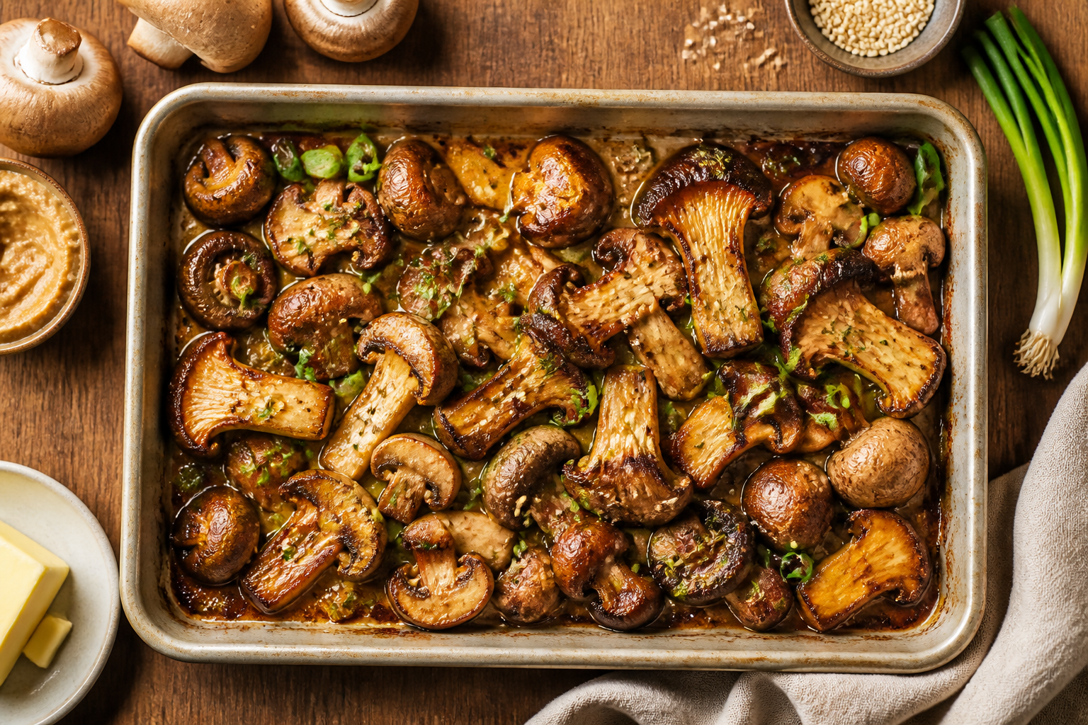 Overhead shot of Miso Butter Roasted Mushrooms plated appetizingly in a baking tray
