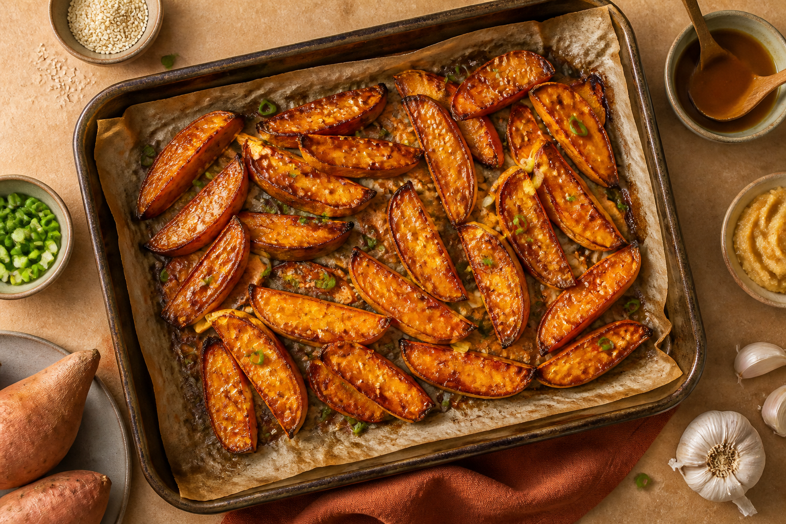 Overhead shot of Miso Caramel Roasted Sweet Potatoes plated appetizingly in a baking tray