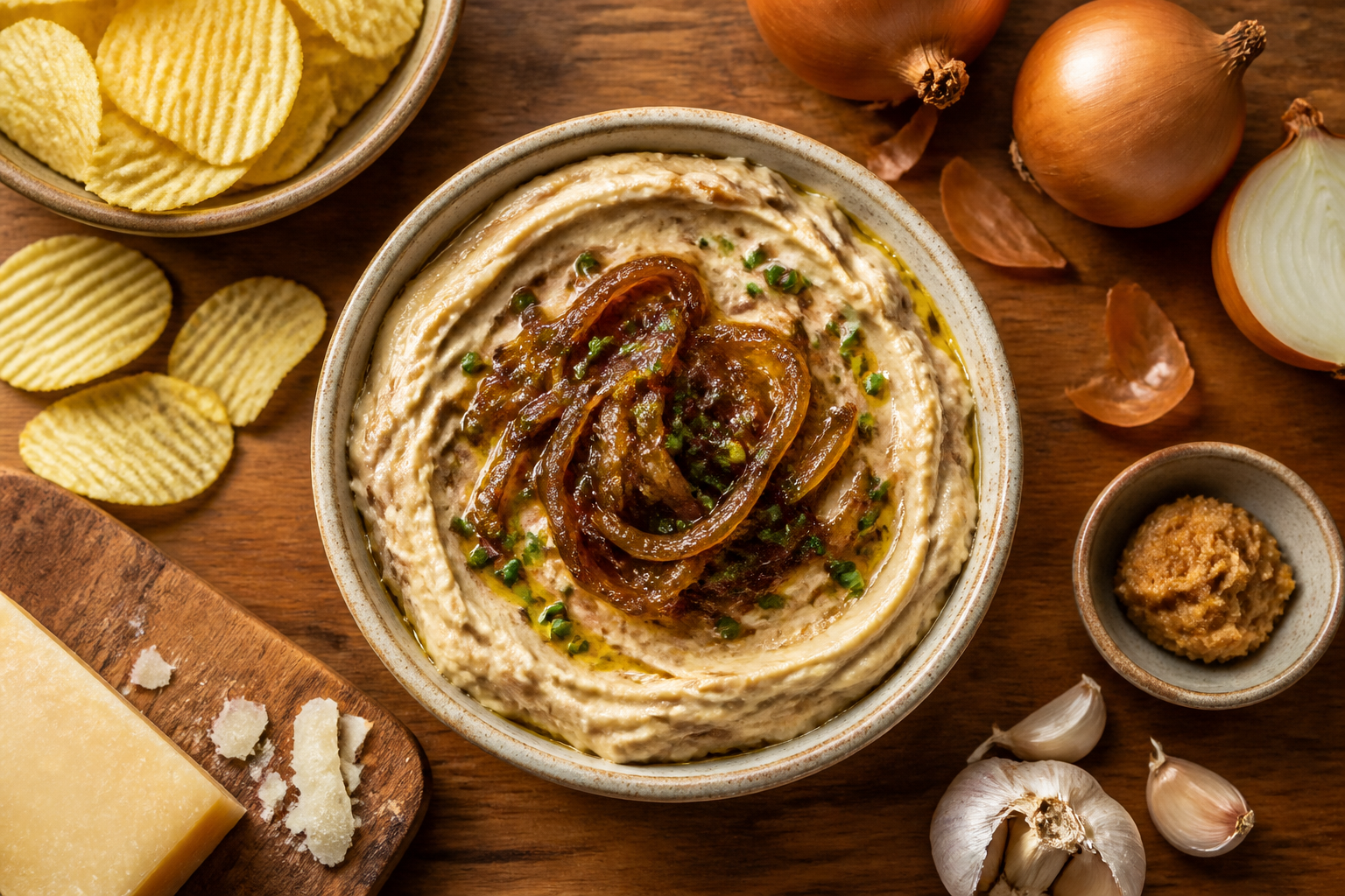 Overhead shot of Miso Caramelized Onion Dip plated appetizingly in a small ceramic bowl