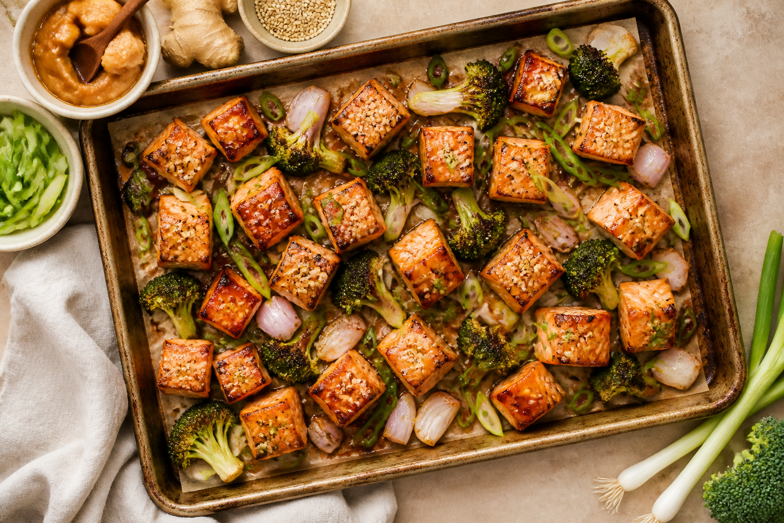 Overhead shot of Miso Ginger Roasted Salmon Bites plated appetizingly in a baking tray