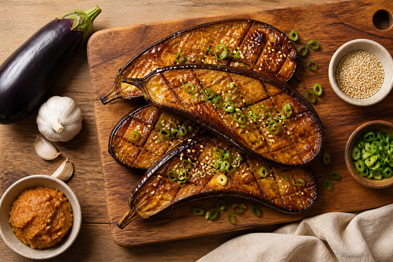 Overhead shot of Miso Glazed Eggplant plated appetizingly in a wooden board