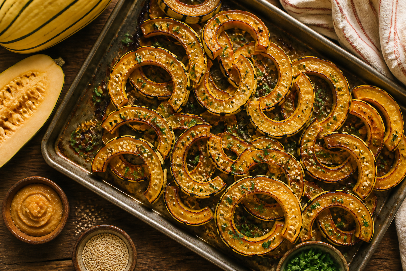 Overhead shot of Miso Roasted Delicata Squash Rings plated appetizingly in a baking tray