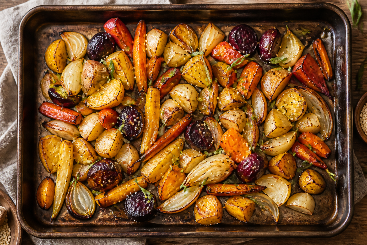 Overhead shot of Miso Roasted Root Vegetables plated appetizingly in a baking tray