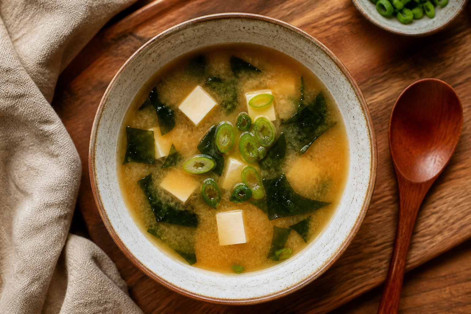 Overhead shot of Miso Soup with Tofu and Seaweed plated appetizingly in a ceramic bowl
