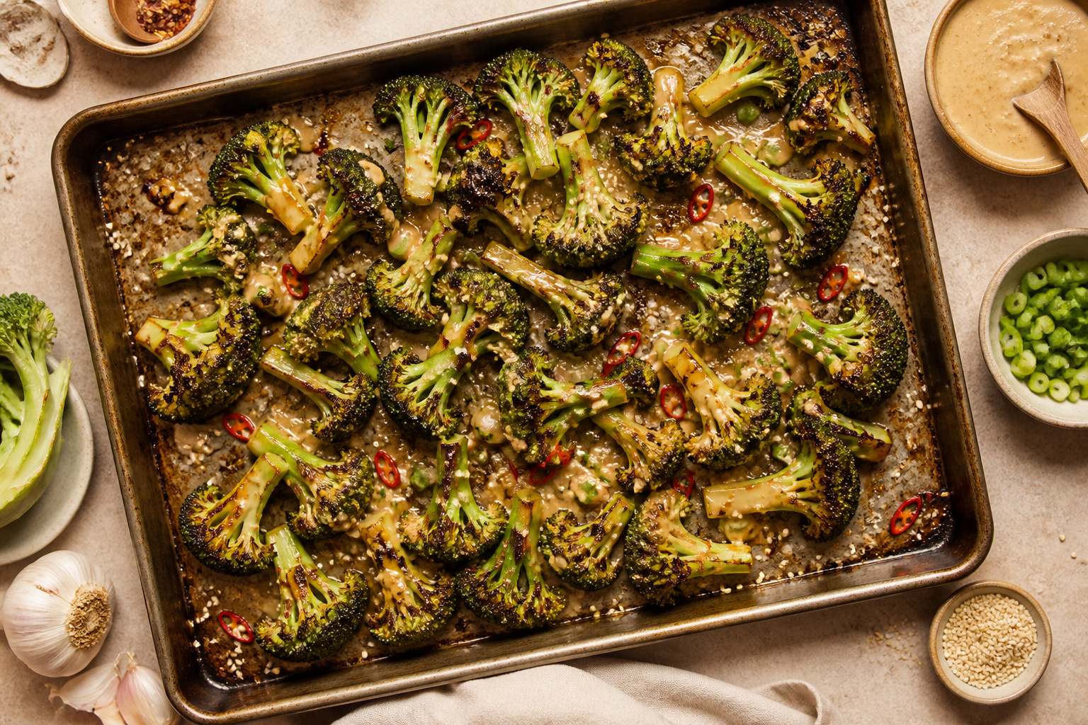 Overhead shot of Miso Tahini Roasted Broccoli plated appetizingly in a baking tray