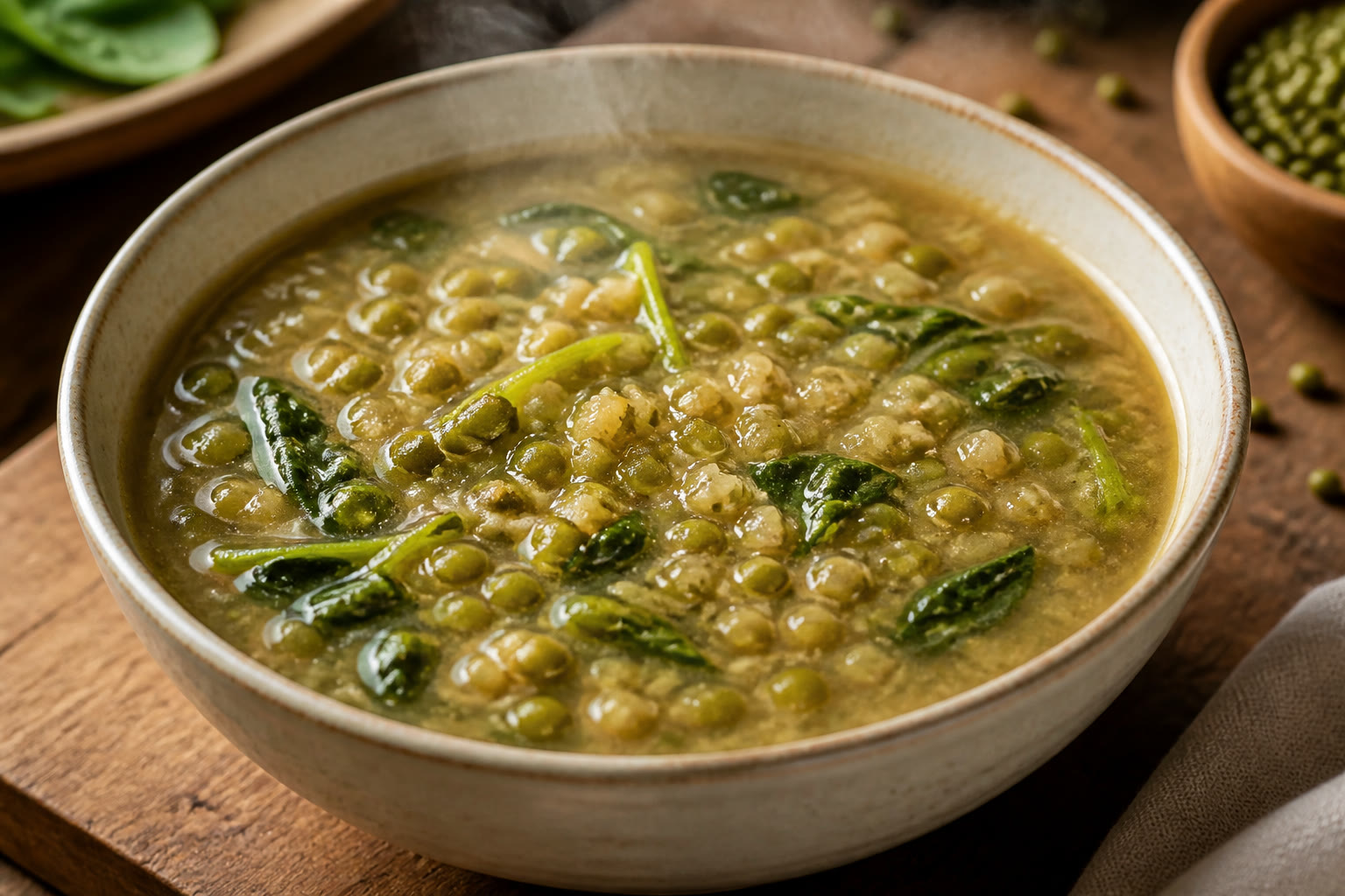Bowl of cooked monggo soup with mung beans and leafy greens