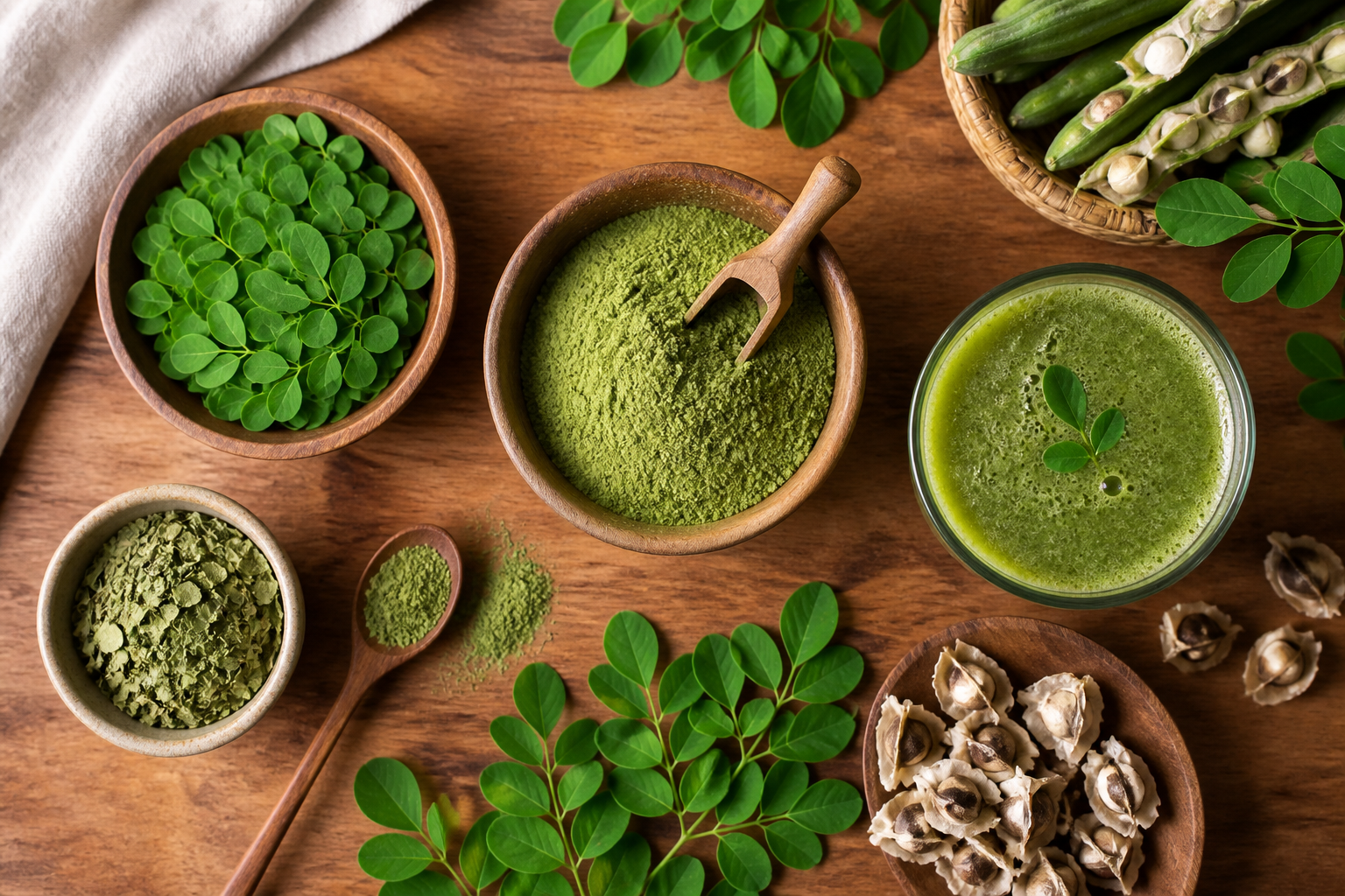 Overhead editorial still life related to Moringa and Your Gut on a warm wooden surface