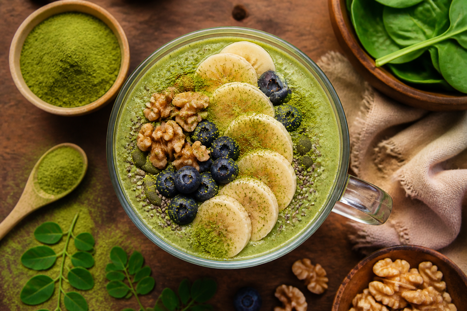 Overhead shot of Moringa Powder Smoothie Bowl plated appetizingly in a tall glass or mug