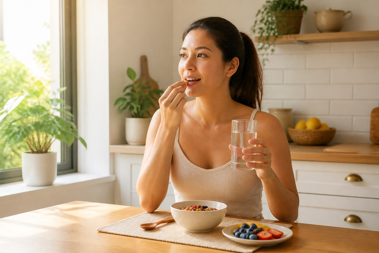 Filipino woman in her 30s in a bright kitchen completing a morning routine — glass of warm water