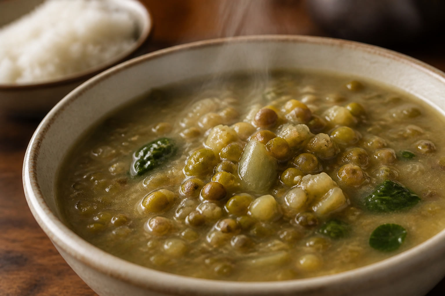 A close-up bowl of monggo stew with steam rising and rice softly out of focus.