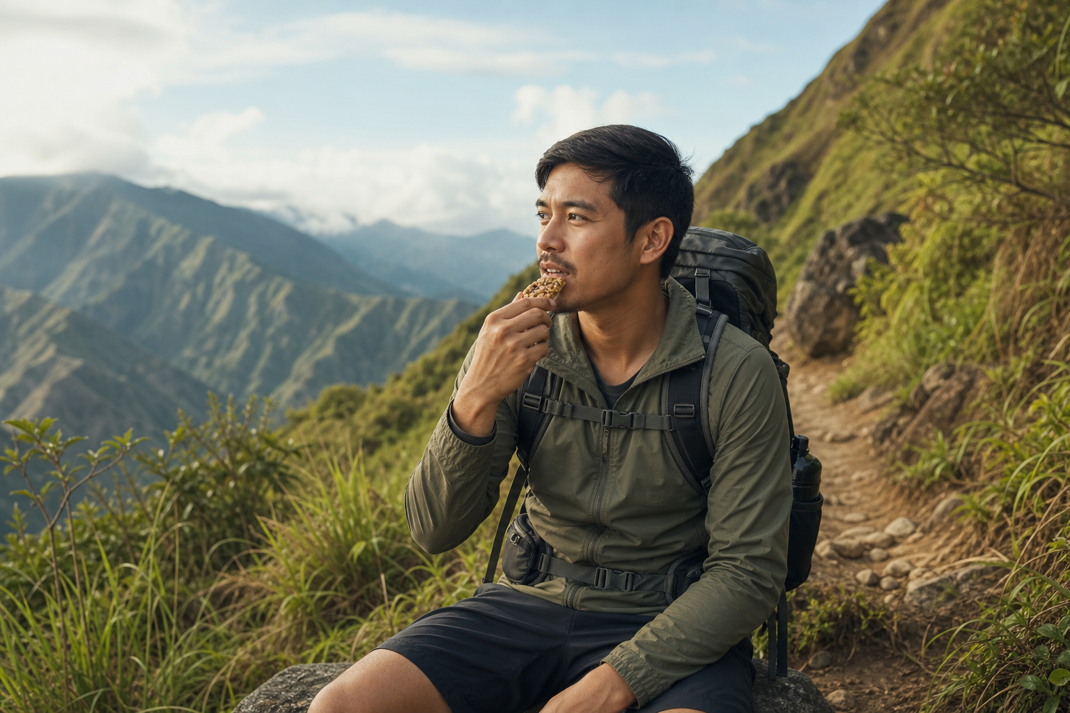 Filipino man in his 30s on a mountain trail