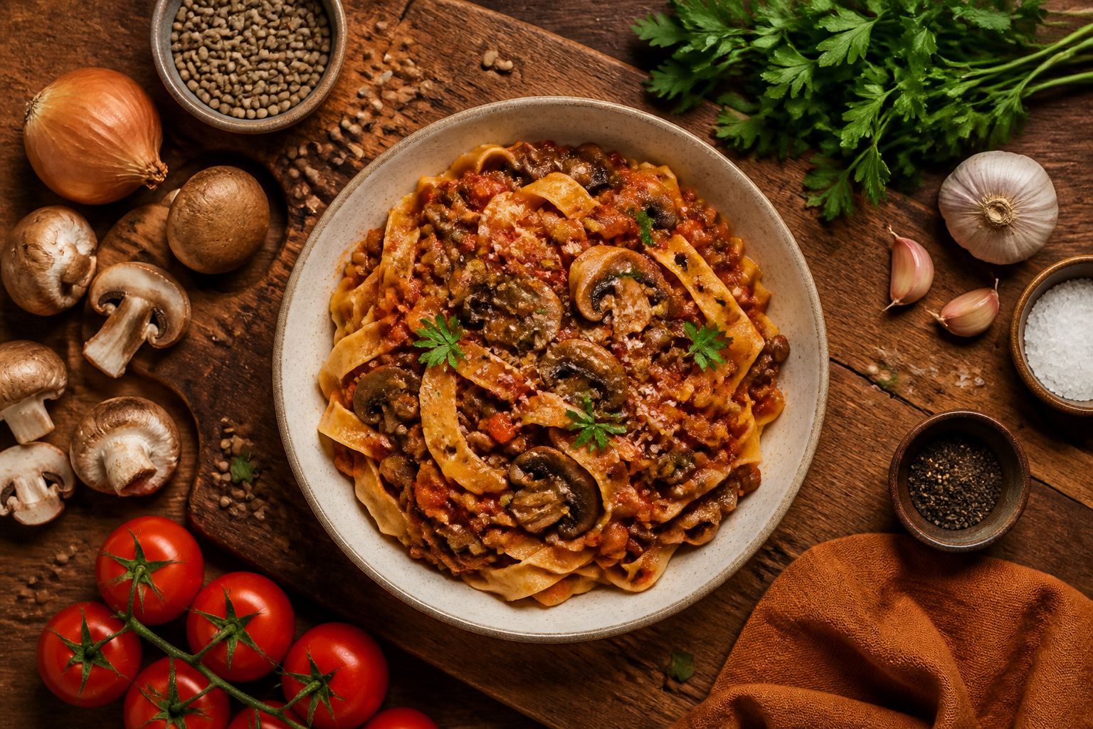 Overhead shot of Mushroom and Lentil Bolognese plated appetizingly in a wooden board