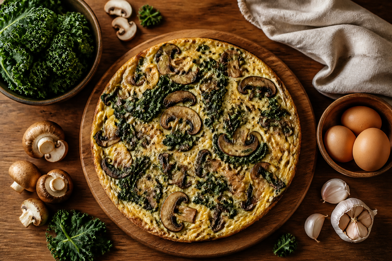 Overhead shot of Mushroom Kale Frittata plated appetizingly in a wooden board