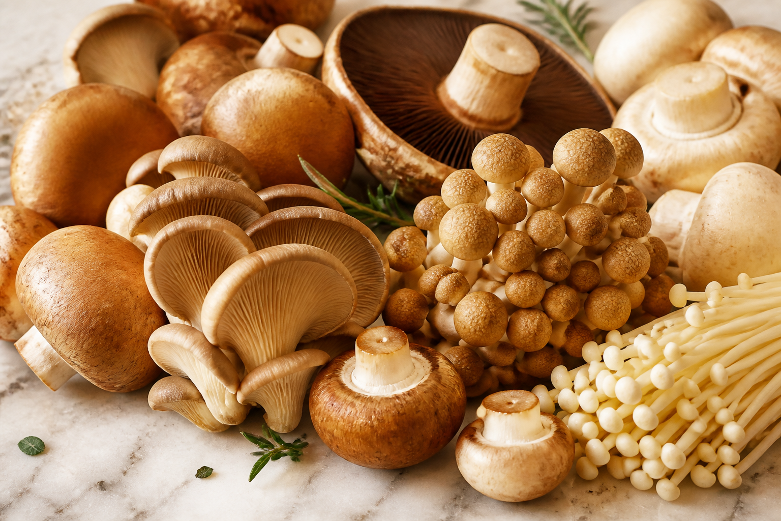 Close-up editorial still life of Mushrooms on a clean wooden or marble surface