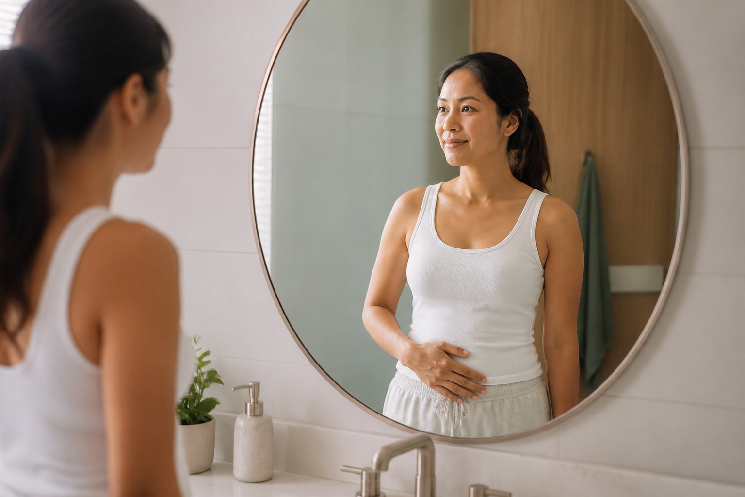 Filipino woman in her 30s standing in a bathroom