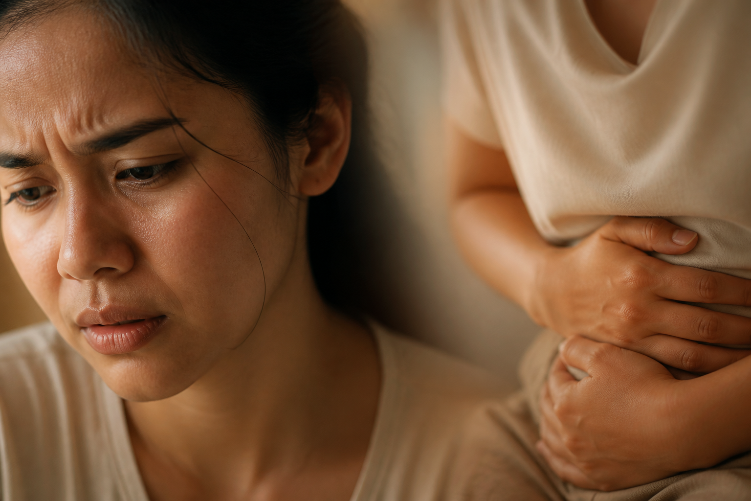 Split image concept: close-up of a Filipino woman's face showing a tense expression on the left