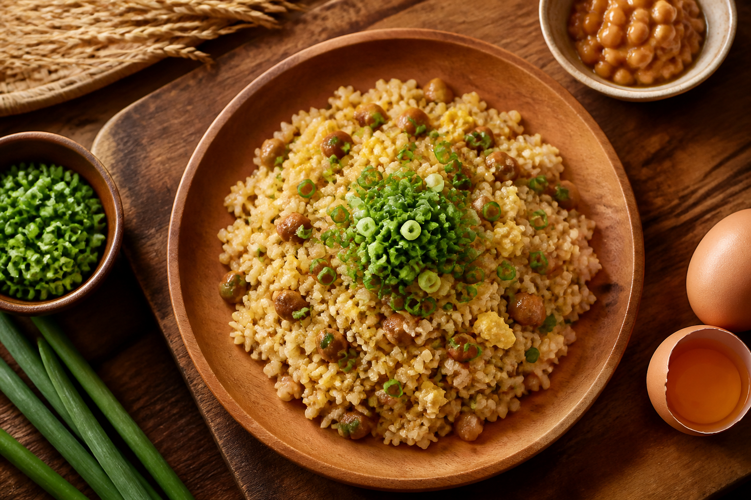 Overhead shot of Natto Fried Rice with Scallions plated appetizingly in a wooden board