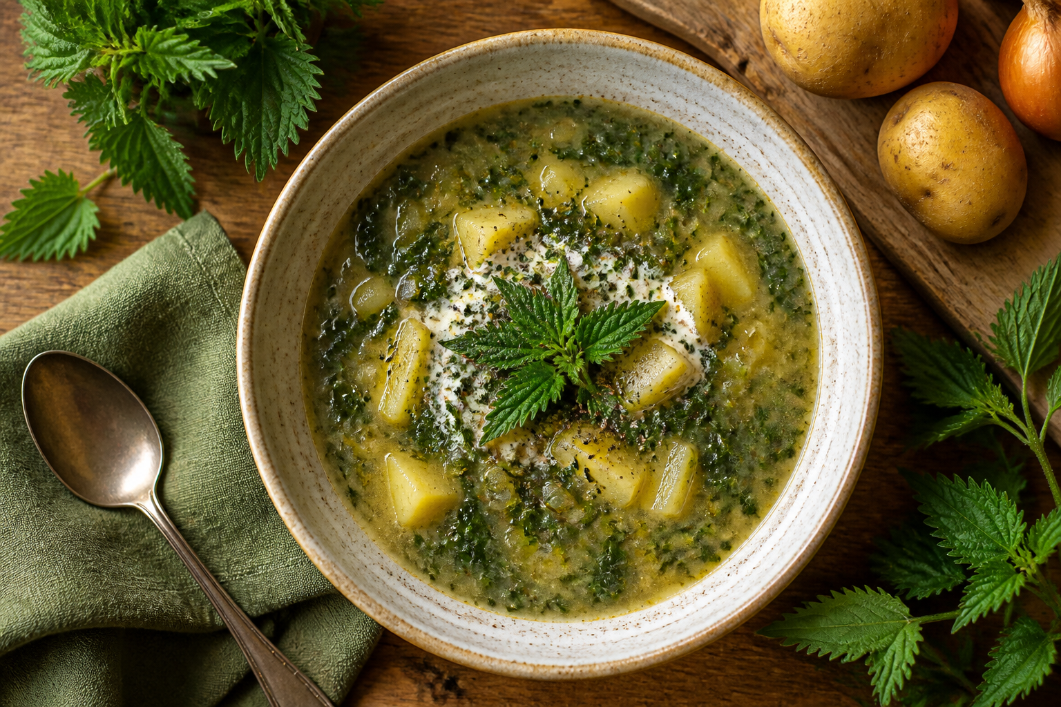 Overhead shot of Nettle and Potato Soup plated appetizingly in a ceramic bowl