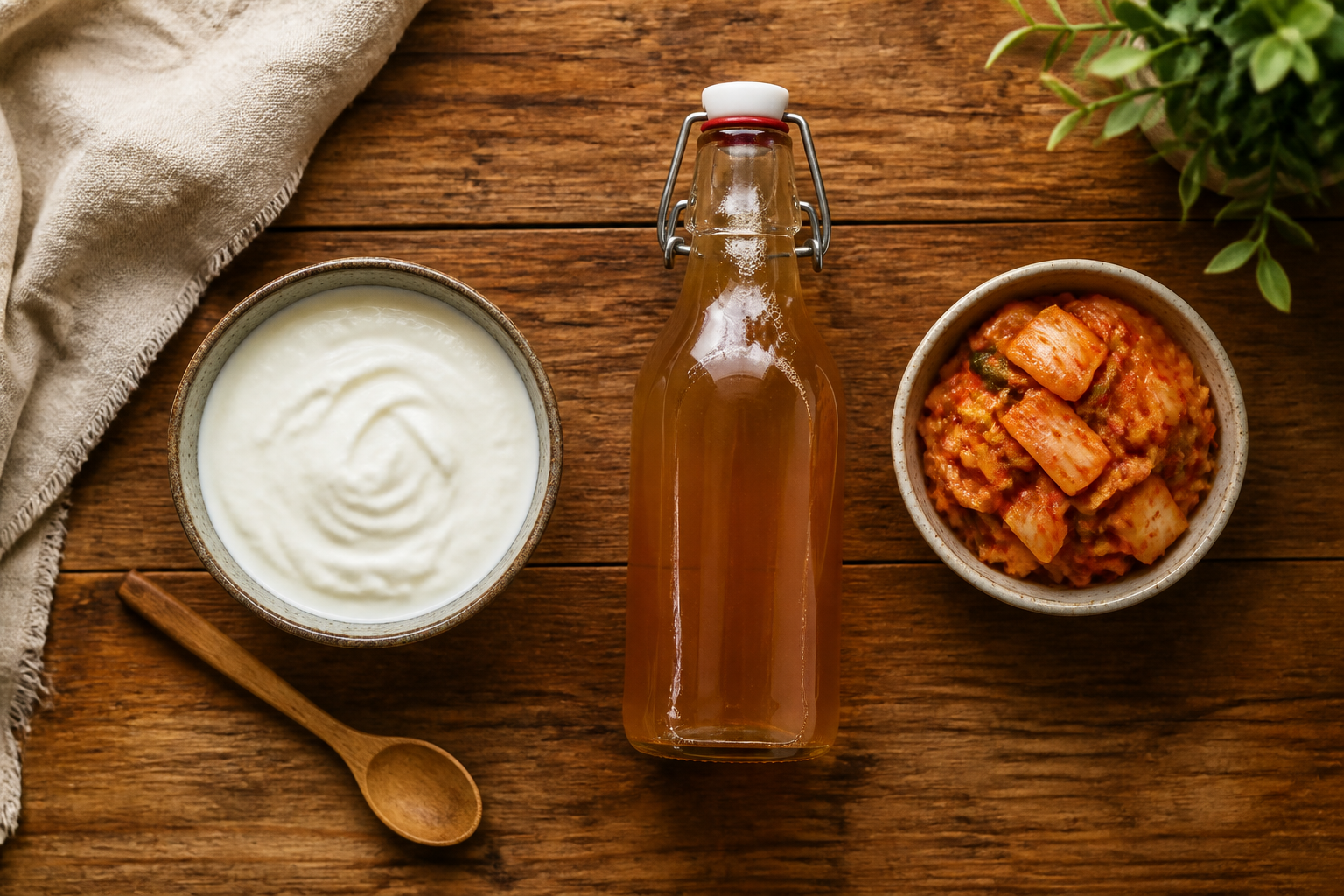 Overhead view of beginner fermented foods arranged invitingly — plain yogurt