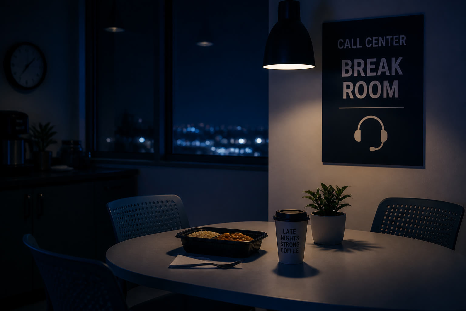 Call center break room at night with a simple meal and coffee by a dark window