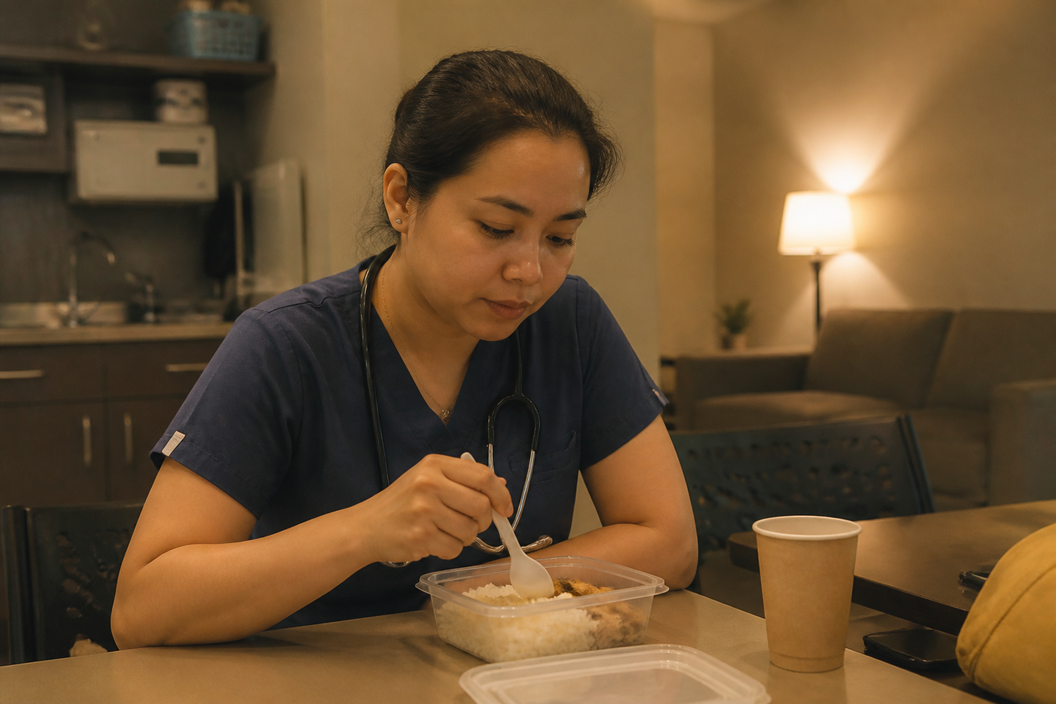 Filipino nurse in her 30s eating a simple meal in a hospital break room at 3am