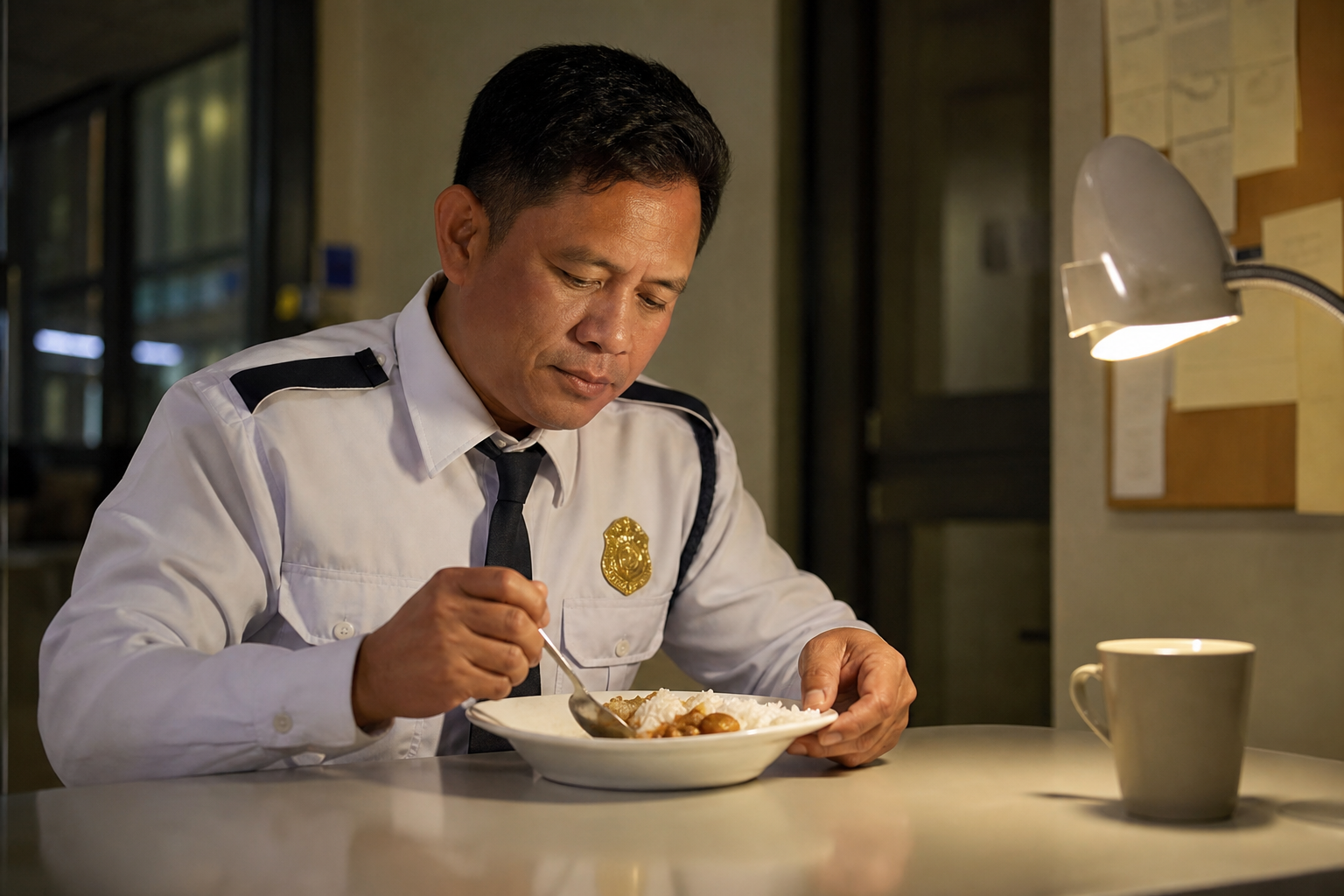 Filipino male security guard in his 40s eating a simple meal during a night shift break