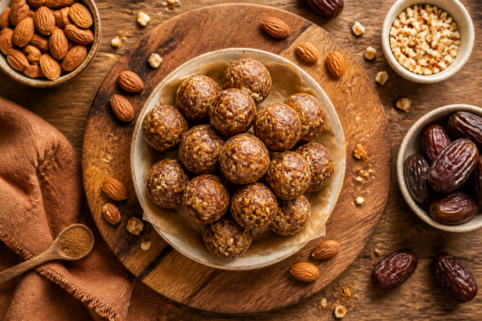 Overhead shot of No-Bake Almond Date Energy Balls plated appetizingly in a wooden board