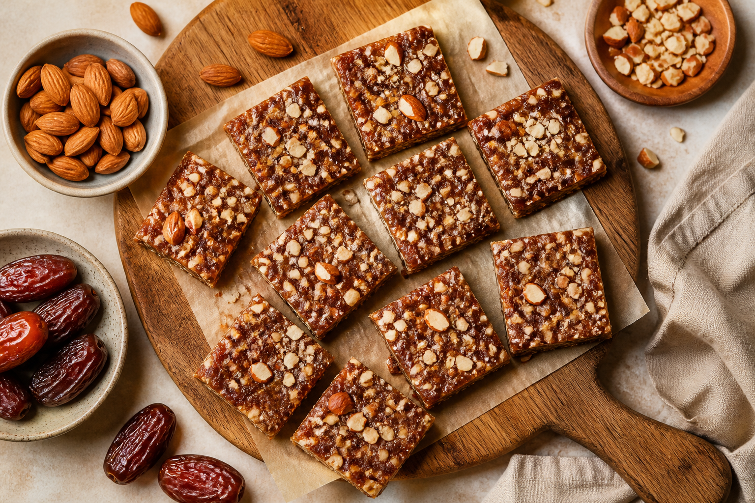 Overhead shot of No-Bake Date Almond Bars plated appetizingly in a wooden board