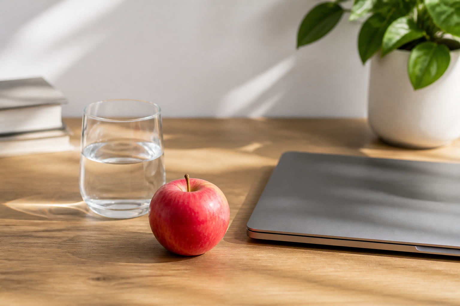 A glass of water and a piece of fruit beside a laptop on a desk.