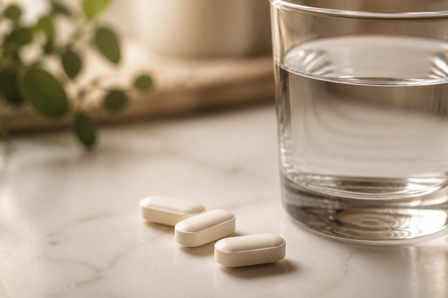 A few ibuprofen tablets beside a glass of water.